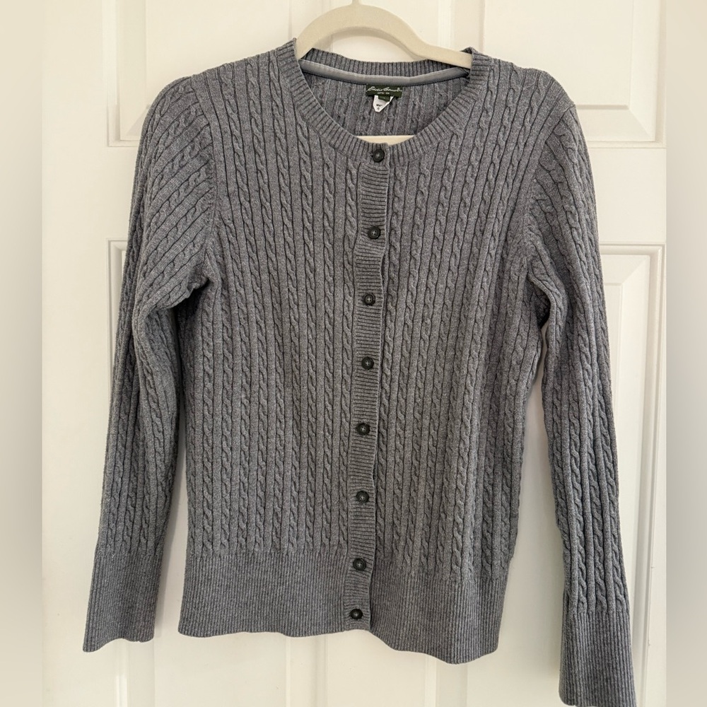 Eddie Bauer Grey Cable Knit Cardigan fisherman Large